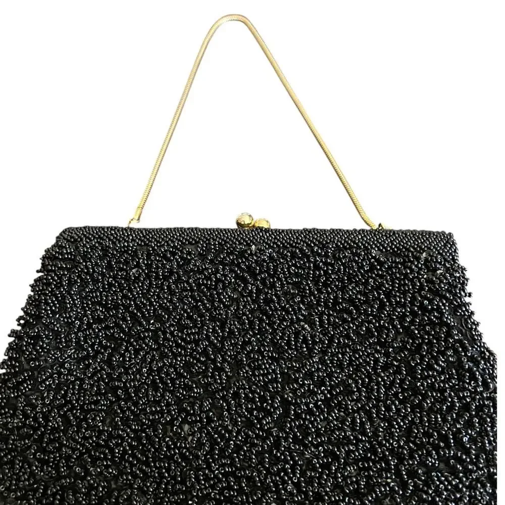 1950s-60s Goldie Black Beaded Evening Purse with Rhinestone Kiss Lock